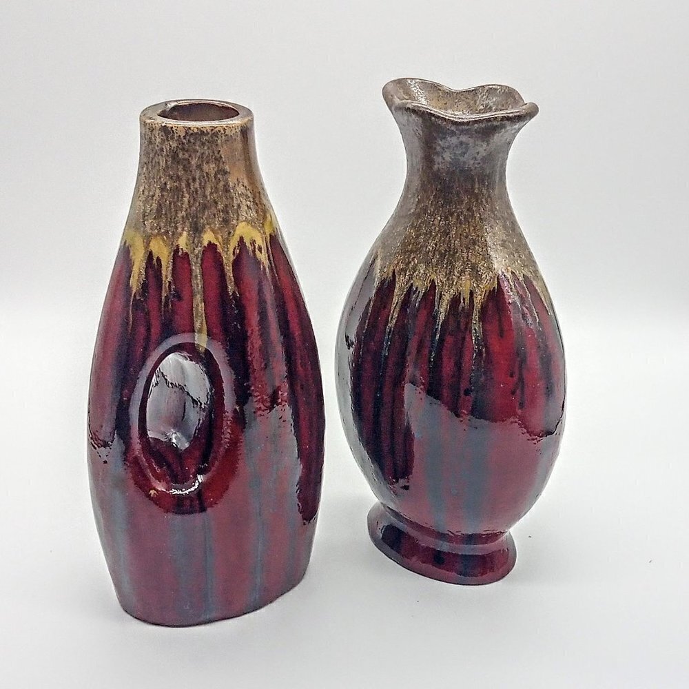 Set of 2 Red Gold Drip Glazed Pottery Vases